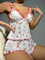 Cherry Print Bow Front Lettuce Trim Mesh Cami Top & Shorts PJ Set / Pajama Set