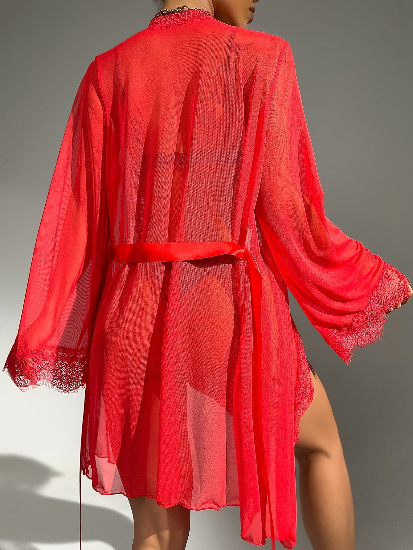 Eyelash Lace Panel Belted Robe Without Lingerie Secondary image