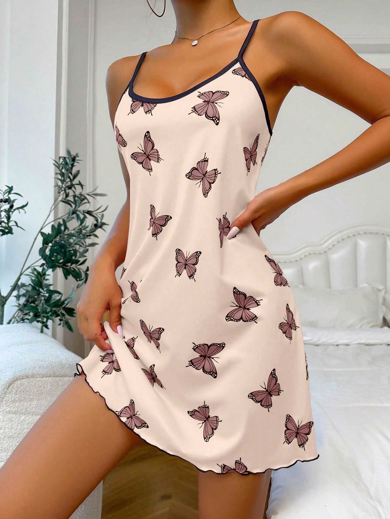 Butterfly Print Contrast Binding Lettuce Trim Cami Pajama Nightdress Main image