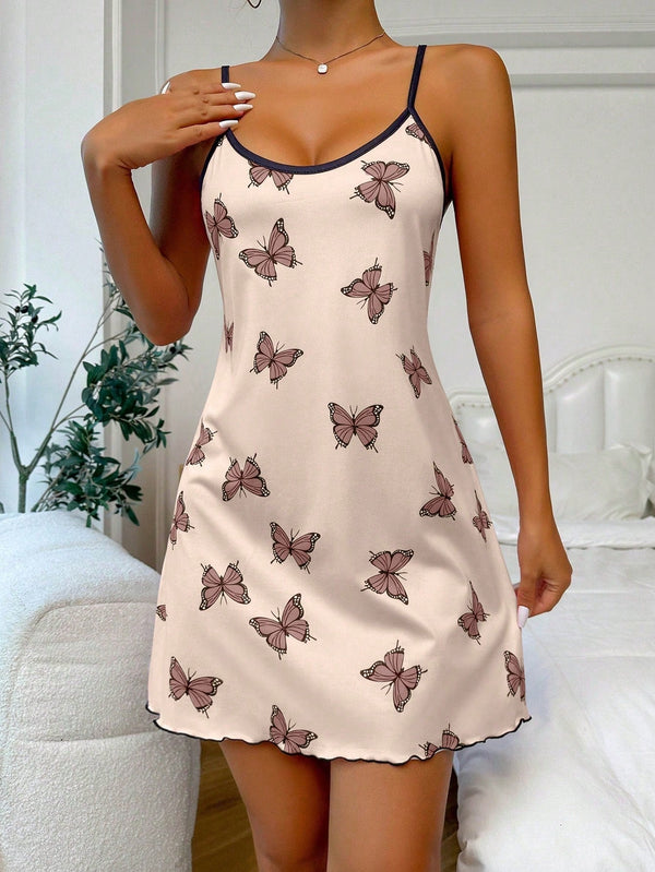 Butterfly Print Contrast Binding Lettuce Trim Cami Pajama Nightdress
