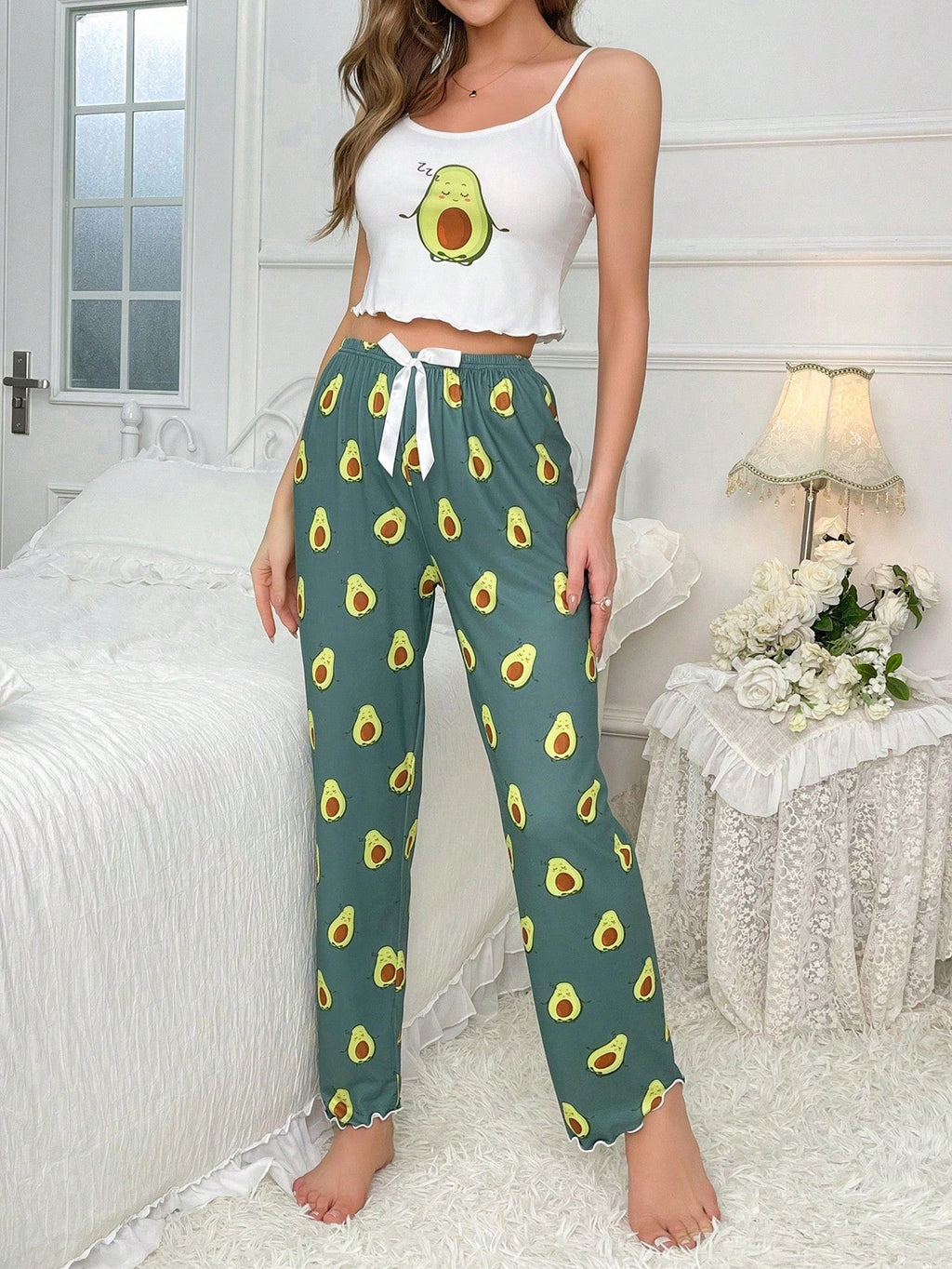Cartoon Graphic Lettuce Trim Cami Top & Pants PJ Set / Pajama Set