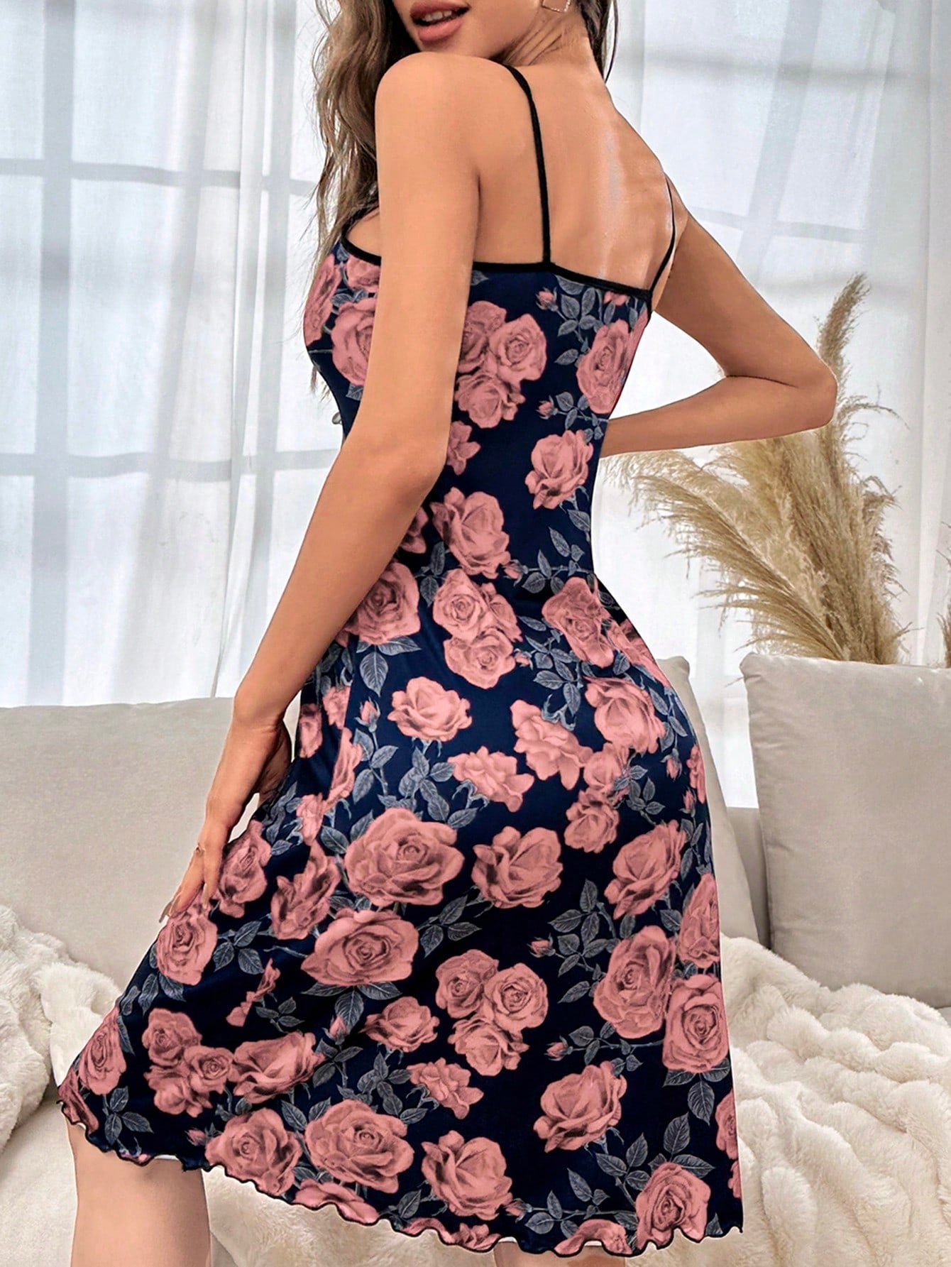 Floral Print Lettuce Trim Cami Pajama Nightdress Petite Dress Secondary image