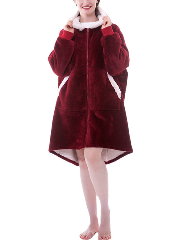 Women's Plush Oversized Blanket Hoodie with Zipper & Kangaroo Pocket - Warm Sleepwear Robe
