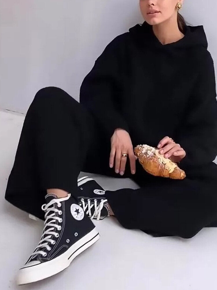 Women Solid Rib-Knit Hoodie Drawstring Wide Leg Pants Casual Long Two-Piece Set