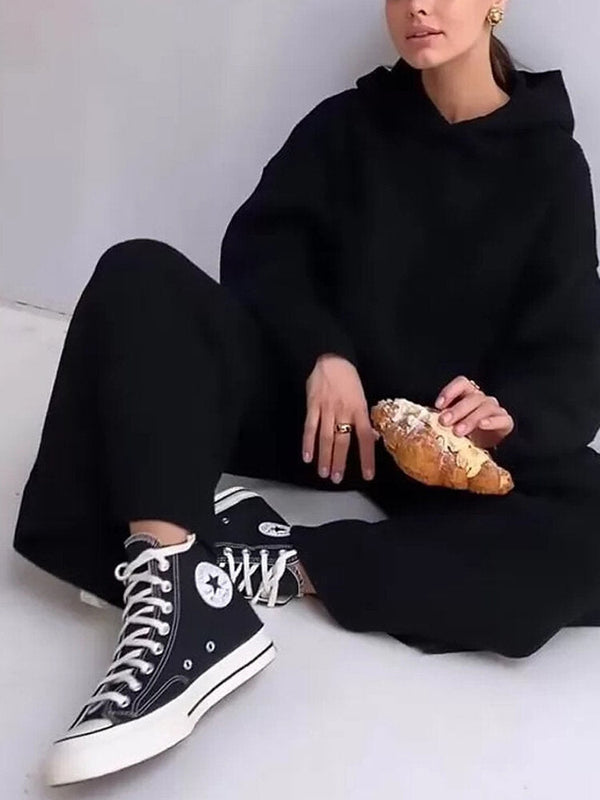 Women Solid Rib-Knit Hoodie Drawstring Wide Leg Pants Casual Long Two-Piece Set