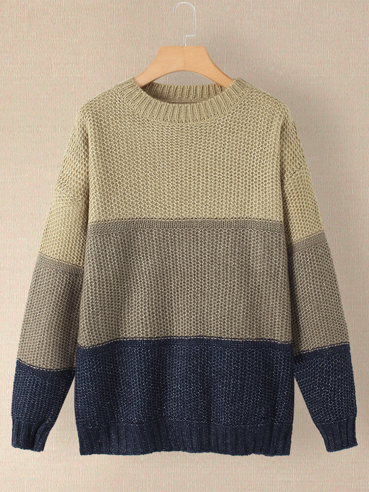Women Contrast Color Patchwork Round Neck Long Sleeve Knitted Casual Sweater Secondary image