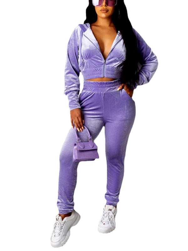 Women Velvet Zip Up Crop Hooded Sweatshirt Casual Long Two-Piece Set With Pocket