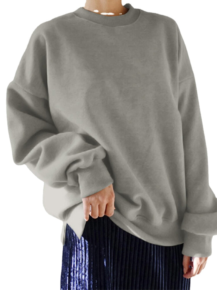 Women Solid Color Thick Round Neck Puff Sleeve Narrow Cuff Long Sleeve Pullover Sweatshirt