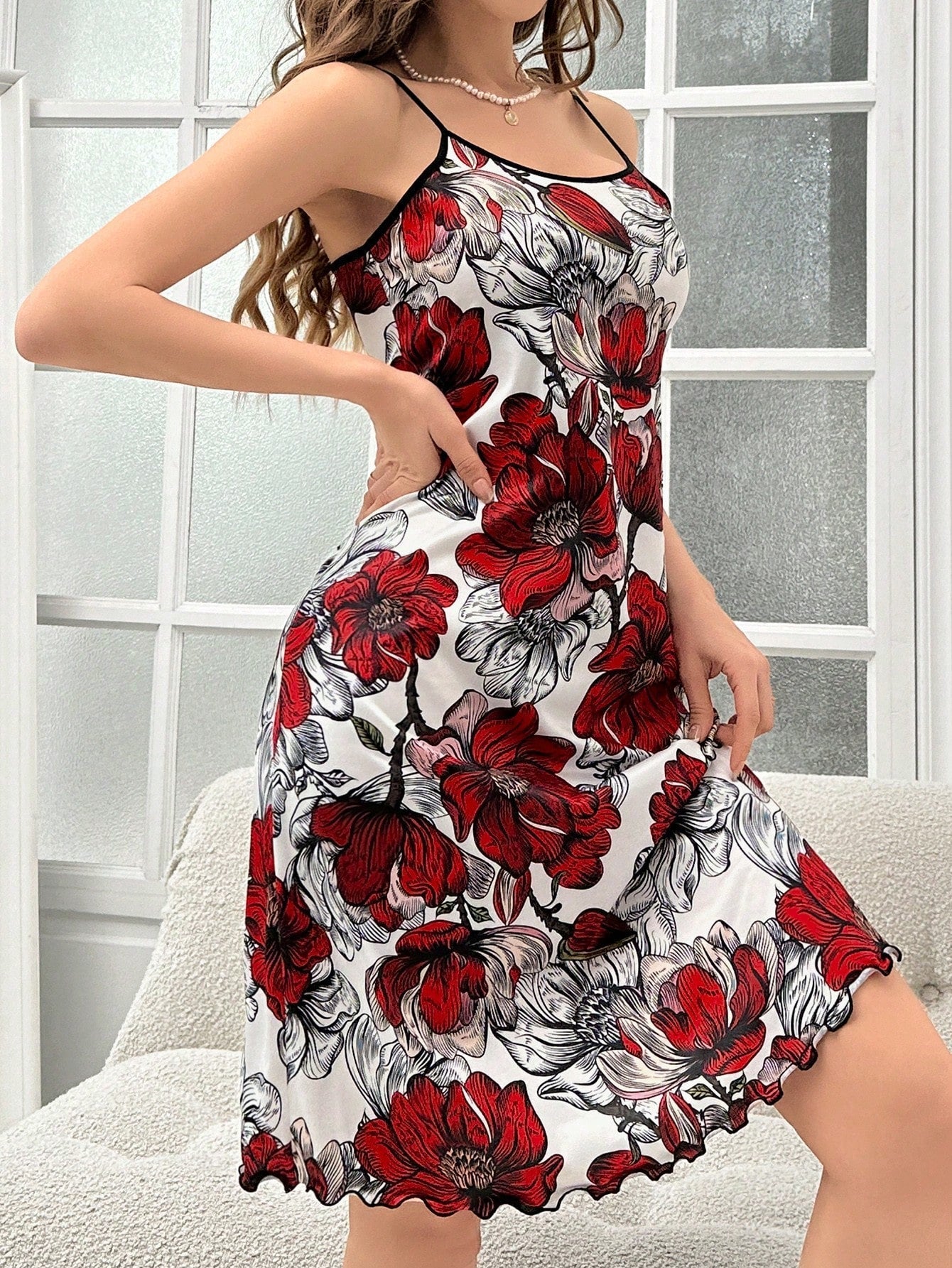 Women'S Rose Pattern Frill Trim Fashionable And Comfortable Camisole Pajama Night Dress Pajama Night Dress Main image