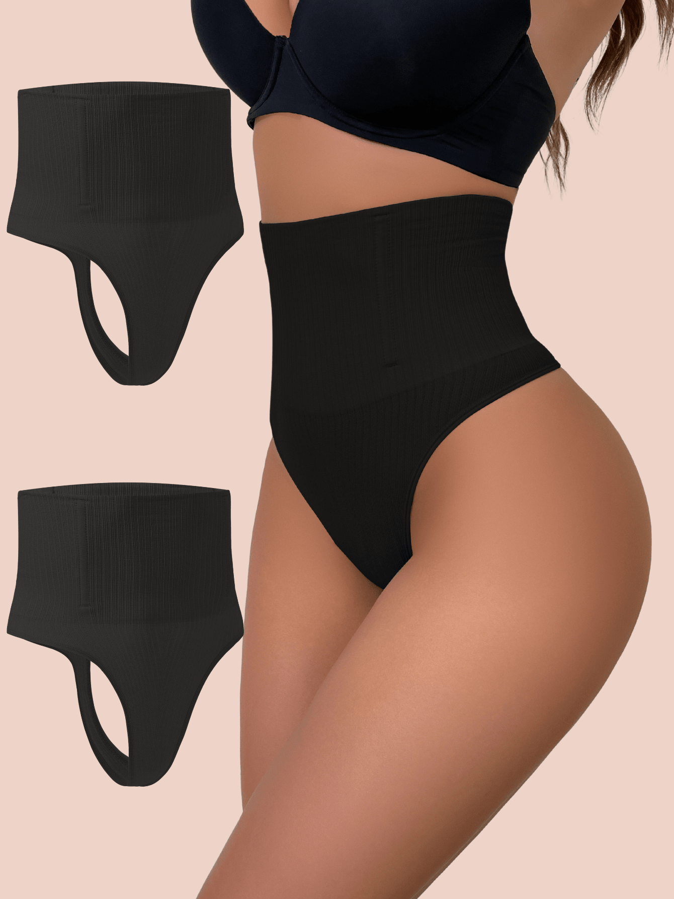 2pcs High Waist Tummy Control Thong Shapewear with Steel Bone Support Main image