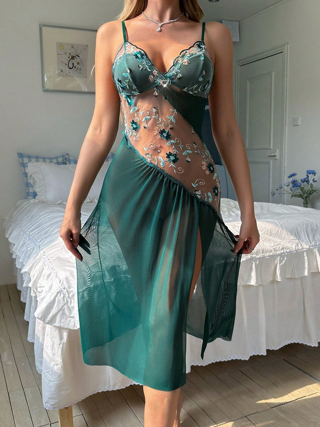 Asymmetrical Embroidered Flower Contrast Mesh See-Through High Side Slit Sexy Cami Night Dress