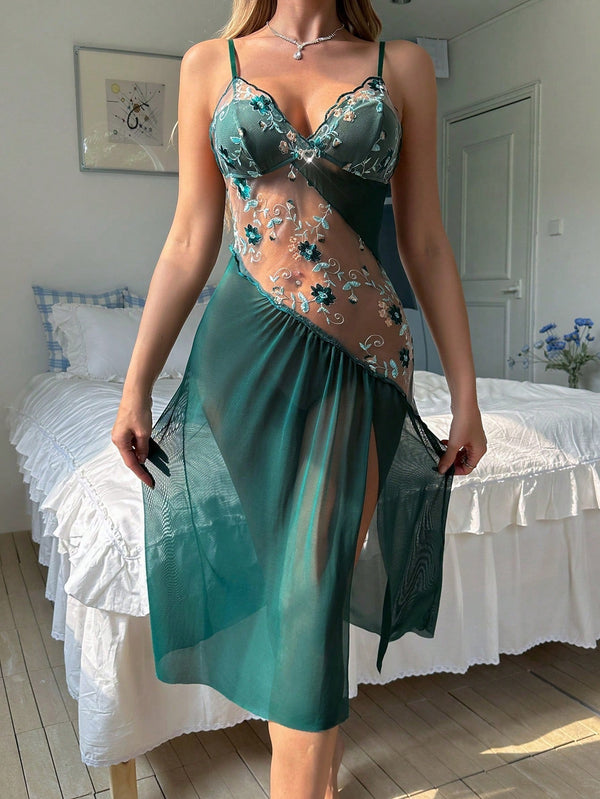 Asymmetrical Embroidered Flower Contrast Mesh See-Through High Side Slit Sexy Cami Night Dress
