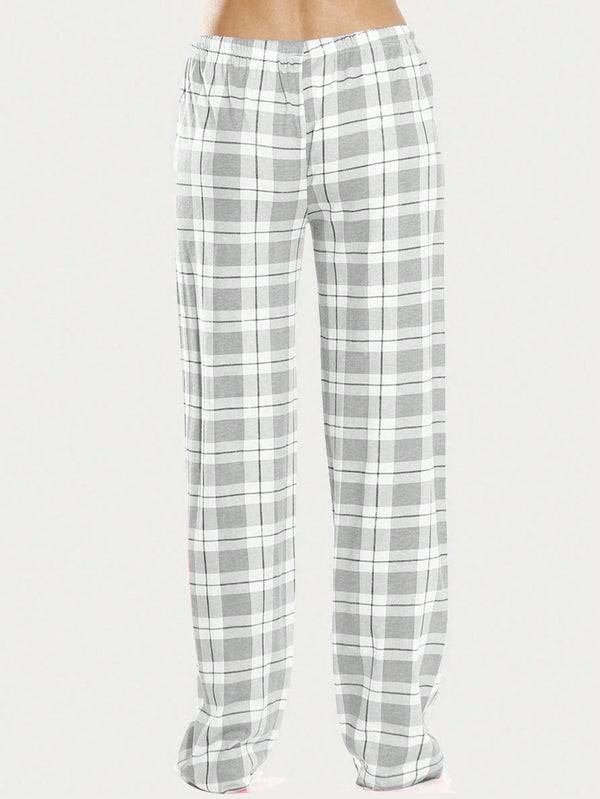 1pc Grey Plaid Sleep Pants, Classic Plaid Homewear & Lounge Loose Women's Long Pants