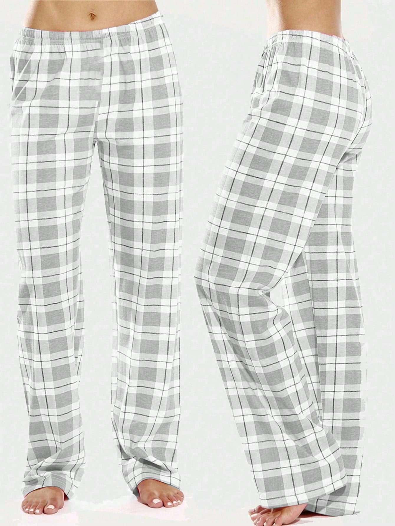 1pc Grey Plaid Sleep Pants, Classic Plaid Homewear & Lounge Loose Women's Long Pants Main image