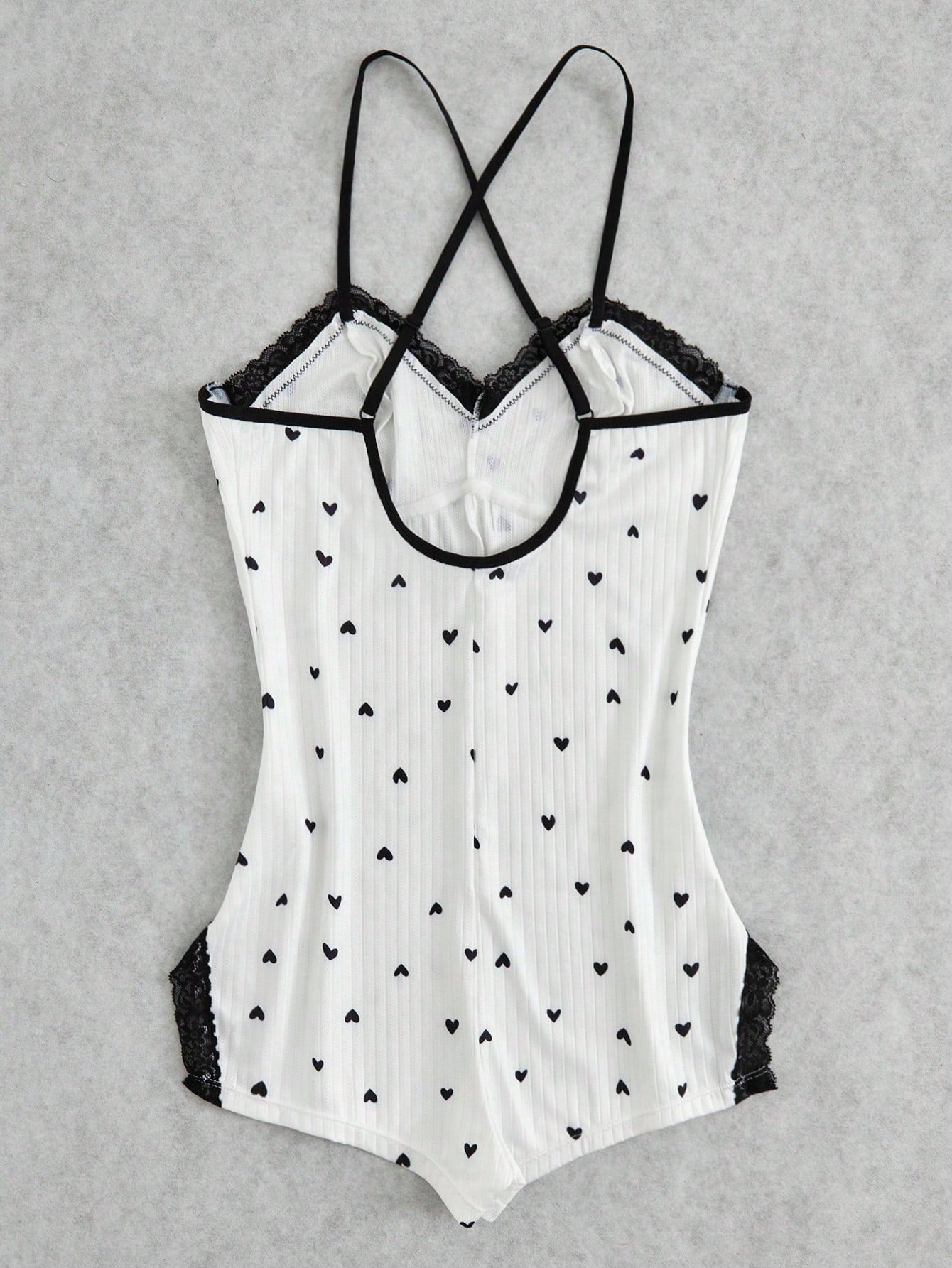 Women's Contrast Lace Cami Romper With Heart Print