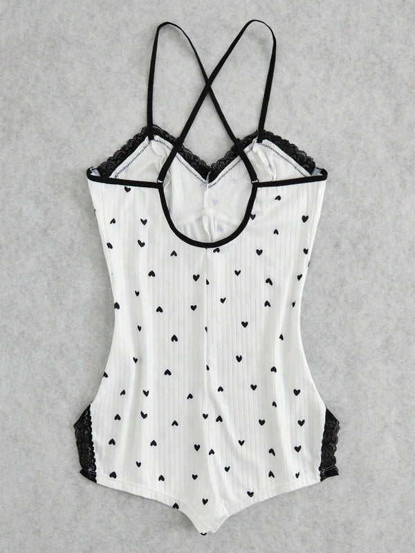Women's Contrast Lace Cami Romper With Heart Print