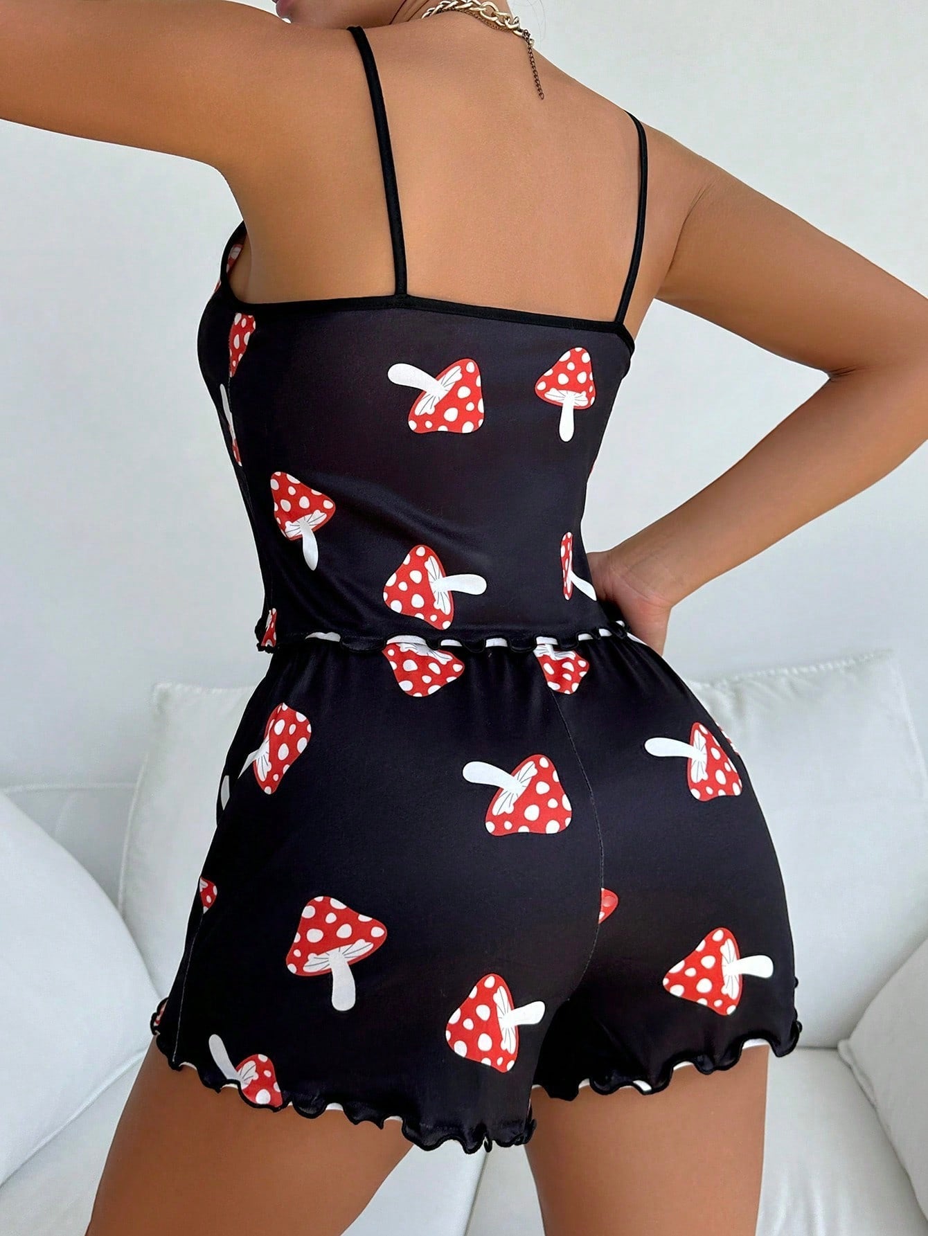 Women's Cartoon Mushroom Printed Camisole Tank Top And Shorts Pajama Set