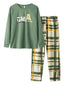 Women's Cartoon Bear Print Pajama Set - Plaid Pants, O-Neck, Elastic Waist