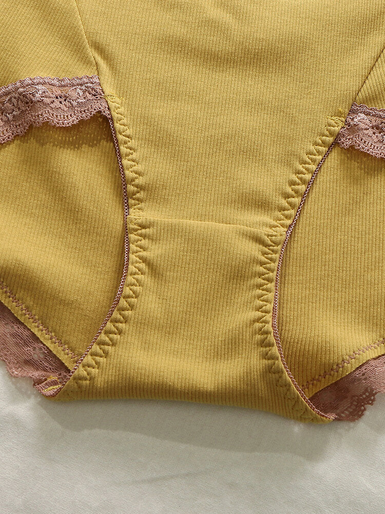 Plus Size Women's Ribbed Lace Trim Bow Cotton Panties - Cozy & Comfortable