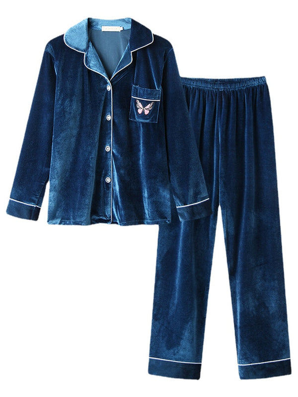 Women's Butterfly Embroidery Pajama Set: Velvet Shirt & Elastic Waist Pants