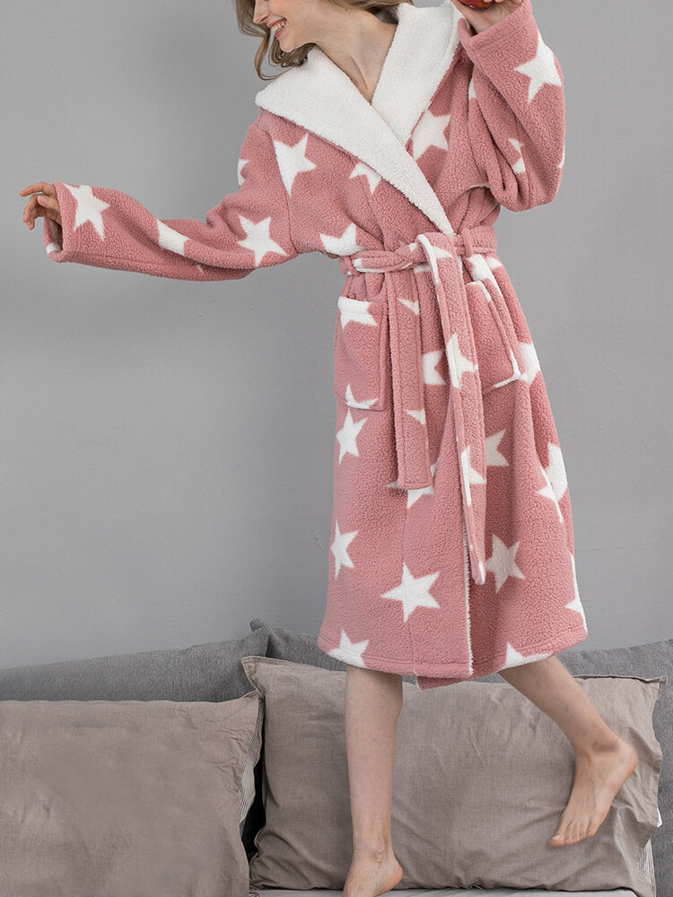 Women's Star Print Fleece Hooded Robe with Pockets - Warm & Cozy