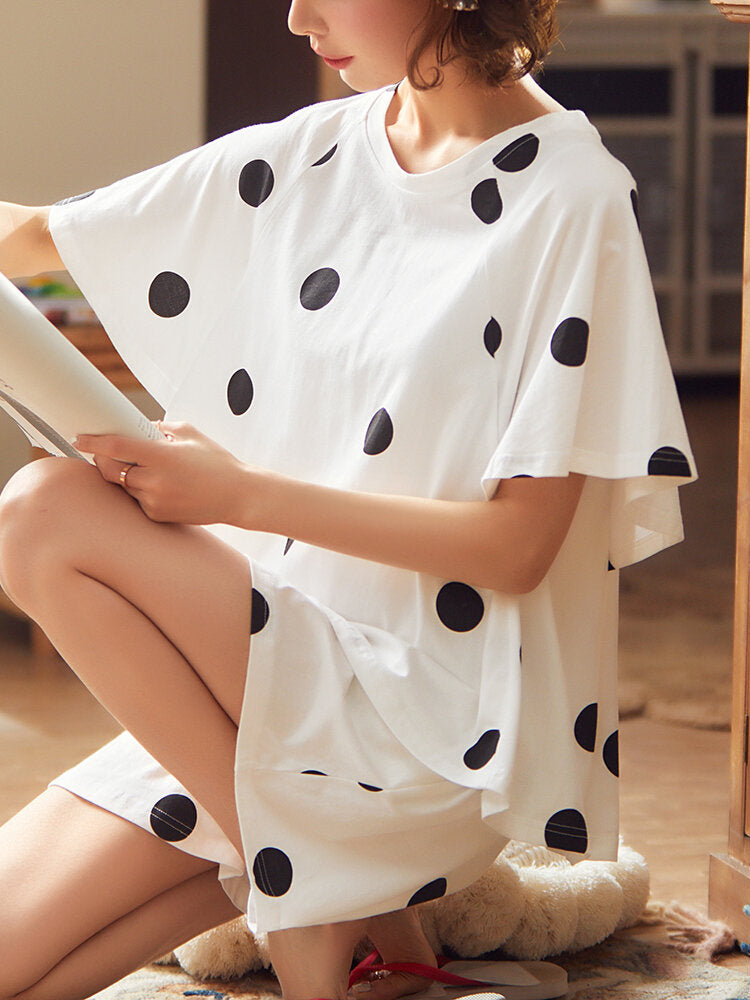 Women's Polka Dot Pajama Set: Round Neck, Short Sleeve, Casual Shorts