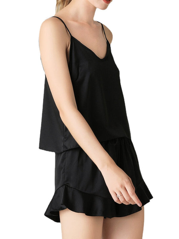 Women's V-Neck Ruffle Vest & Elastic Waist Pajama Set