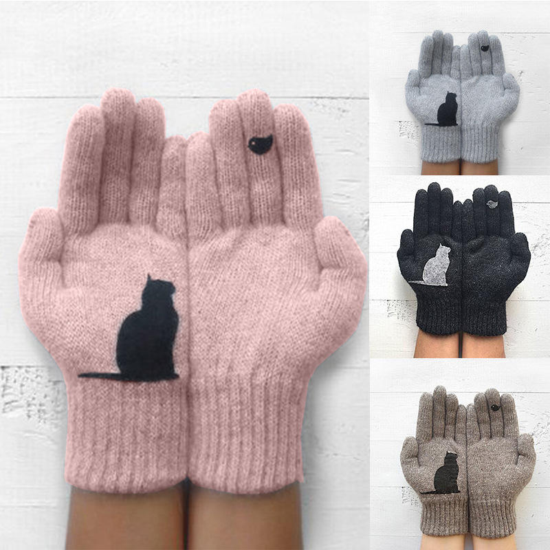 Women's Wool Gloves Autumn Winter Outdoor Warm Cold Padded Cat Bird Print Glove Main image