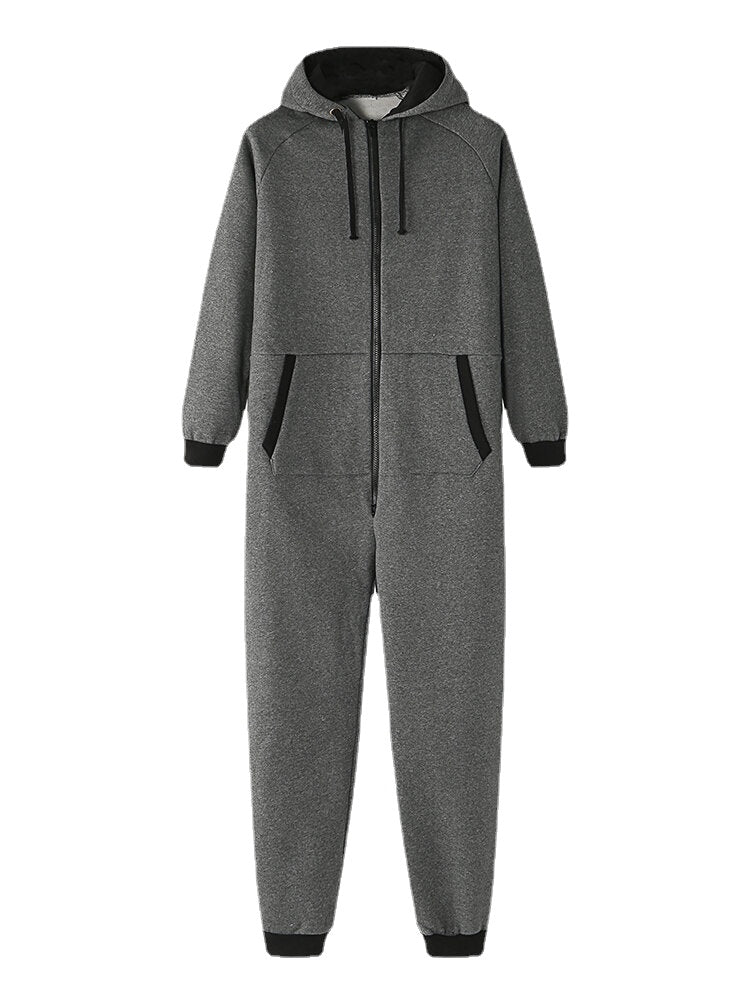 Men Cotton Solid Hooded Pocket Long Sleeve Home Jumpsuit Zipper Sleepwear Main image