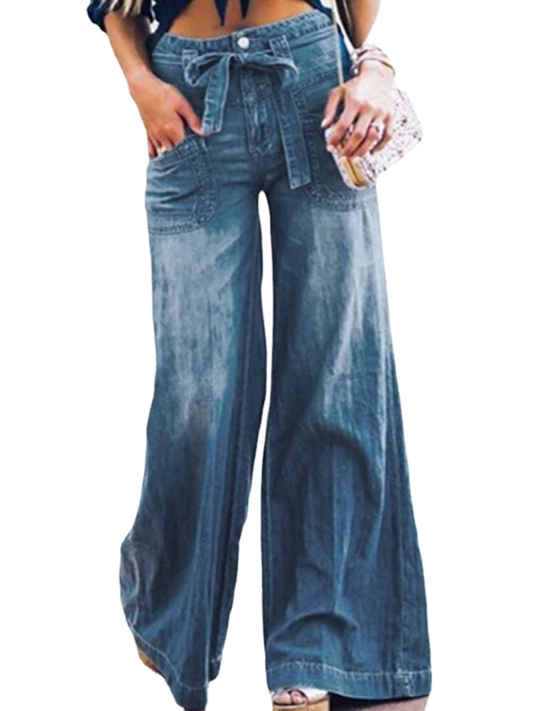 Women Casual Zipper Fly Lace-Up Mid Waist Wide Leg Jeans With Pocket Main image