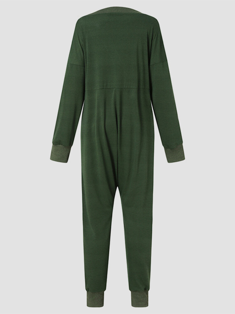 Women V-Neck Long Sleeve Daily Solid Color Harem Jumpsuit With Pocket