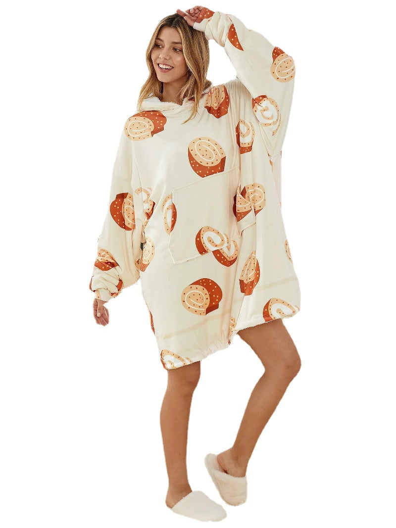 Women's Cartoon Bread Print Cozy Blanket Hoodie with Kangaroo Pocket