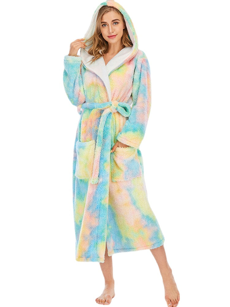 Green Women's Tie Dye Fleece Hooded Sleepwear Robe with Pockets