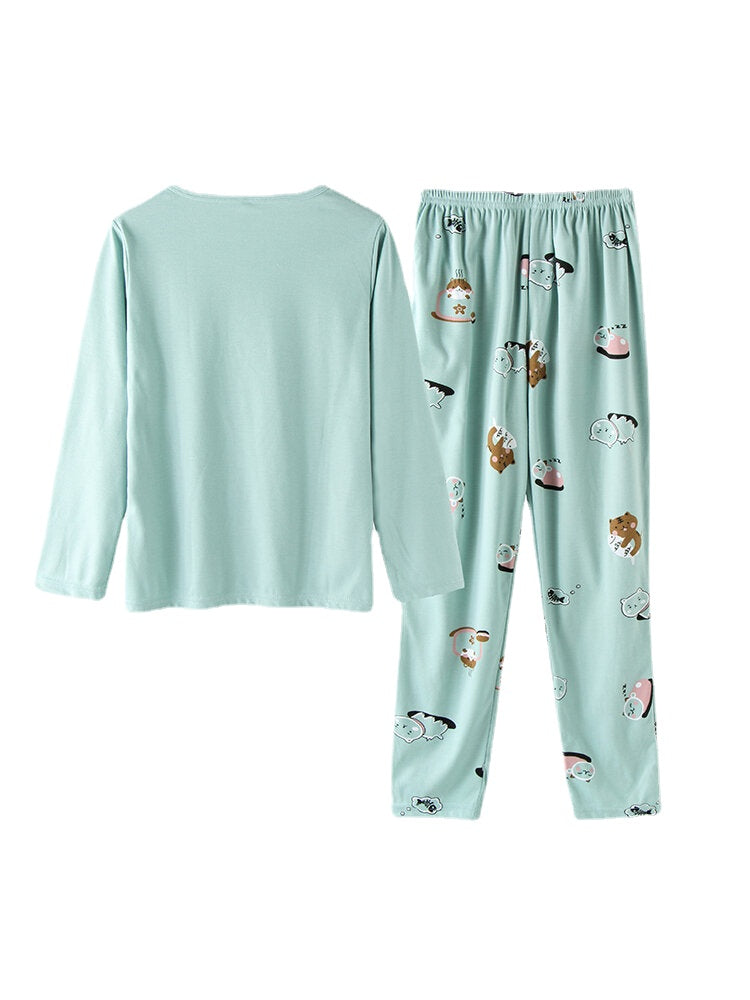 Women's Cartoon Animal Print Pajama Set with Pockets & Elastic Waist, Long Sleeve Main image