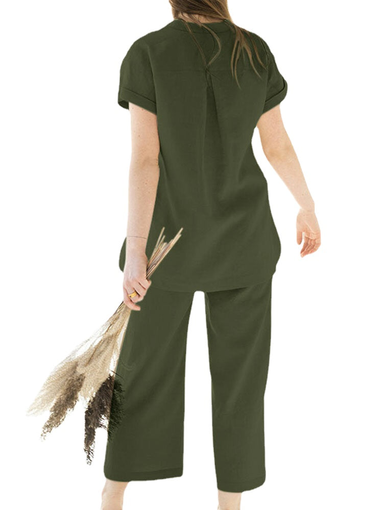 Leisure Solid Split Elastic Waist Short Sleeve Cotton Suit