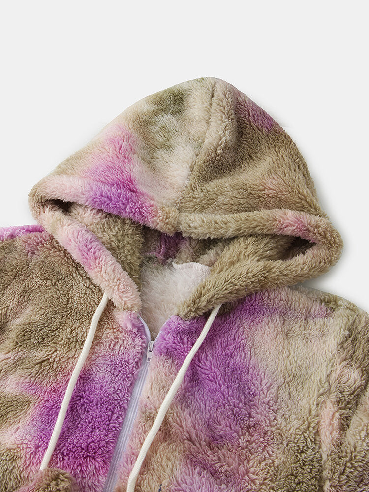 Women Tie Dye Fluffy Plush Zipper Front Kangaroo Pocket Home Jumpsuits
