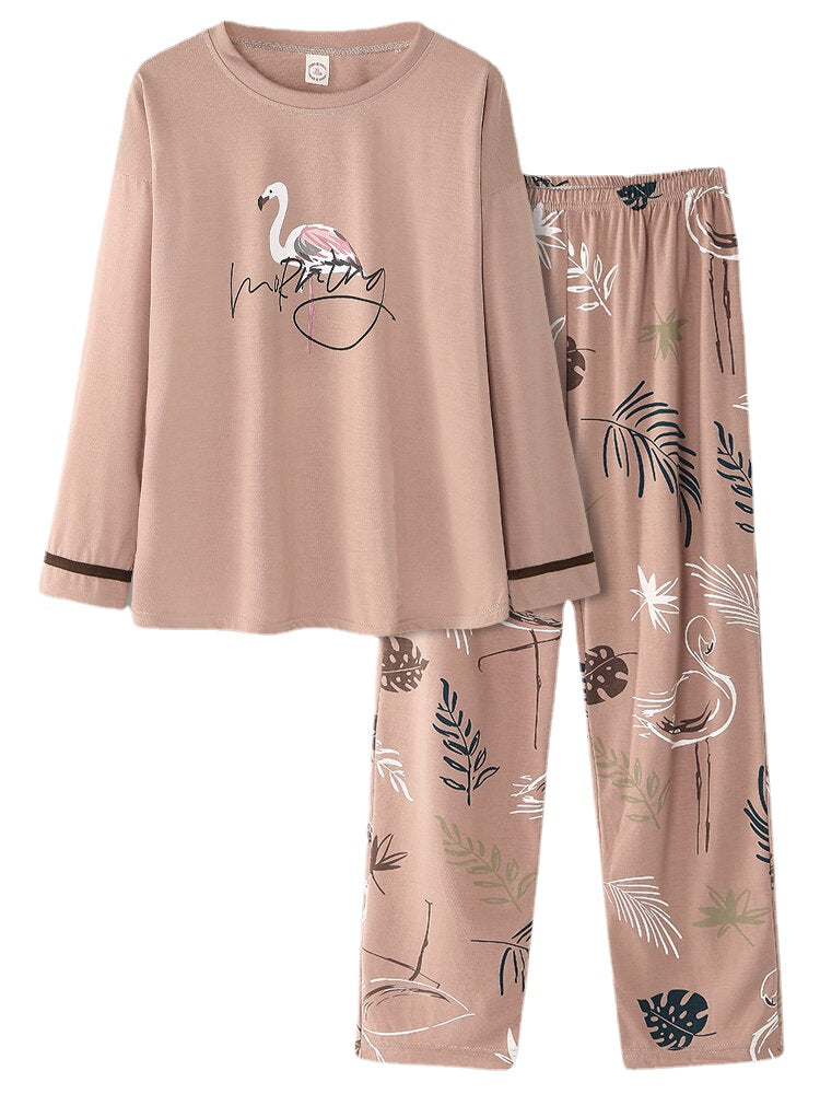 Women's Plus Size Crane Print Cotton Pajama Set - Long Sleeve Lounge Wear