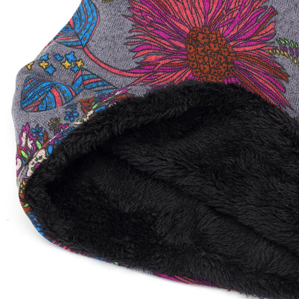Women Warm Plus Velvet Thicken Beanie Hat Collar Cashmere Fashion Painting Hat