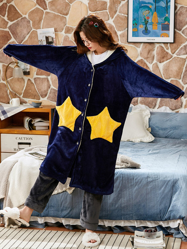 Women's Warm Hooded Coral Fleece Robe with Double Star Pockets
