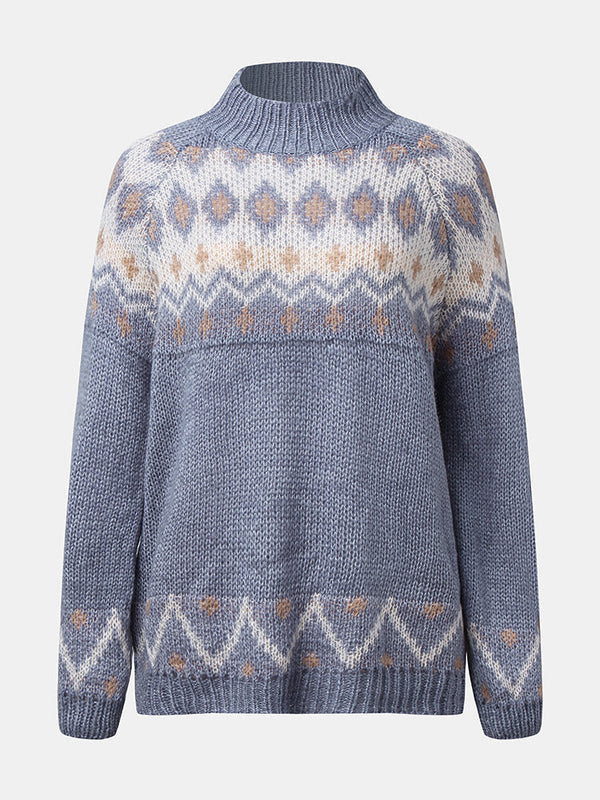 Women Vintage Pattern Knit Raglan Sleeve Casual Pullover Sweaters