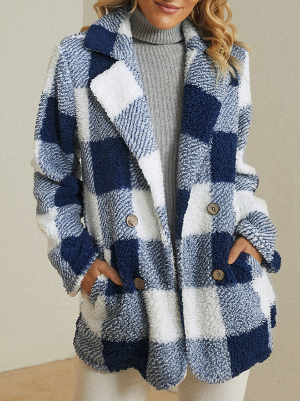 Women Plaid Warm Fluffy Plush Double Breasted Coat With Pocket