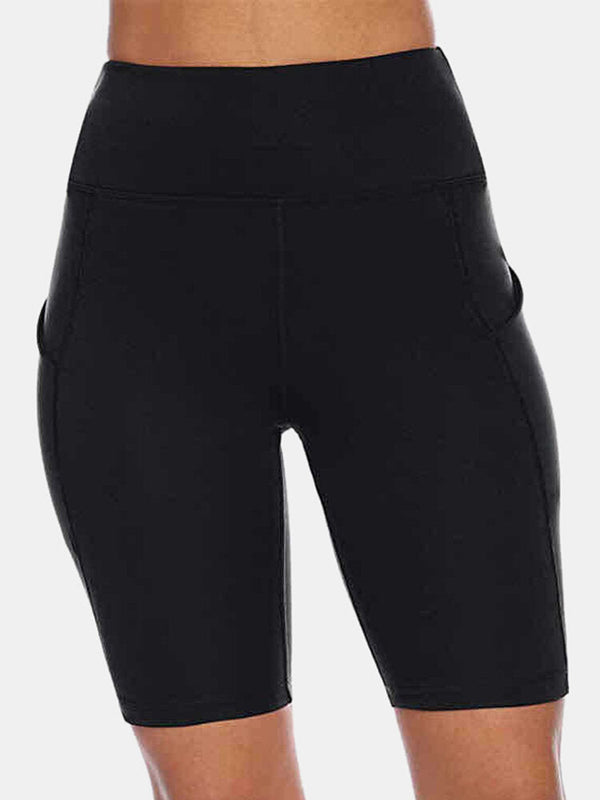 Sport Women Solid Color Elastic High Waist Yoga Running Biker Shorts With Pocket