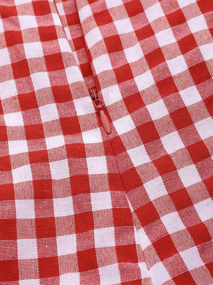 Women Casual Sleeveless Straps Plaid Wide Leg Side Buttons Jumpsuits With Pocket