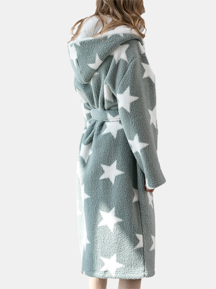 Women's Star Print Fleece Hooded Robe with Pockets - Warm & Cozy