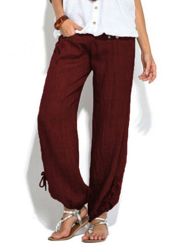 Women Casual High Waist Solid Color Button Yoga Harem Pants