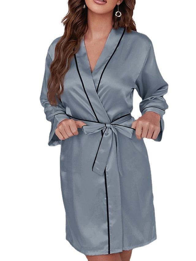 Elegant Women's Satin V-Neck Wrap Mini Dress - Luxury Solid Color Lounge Wear