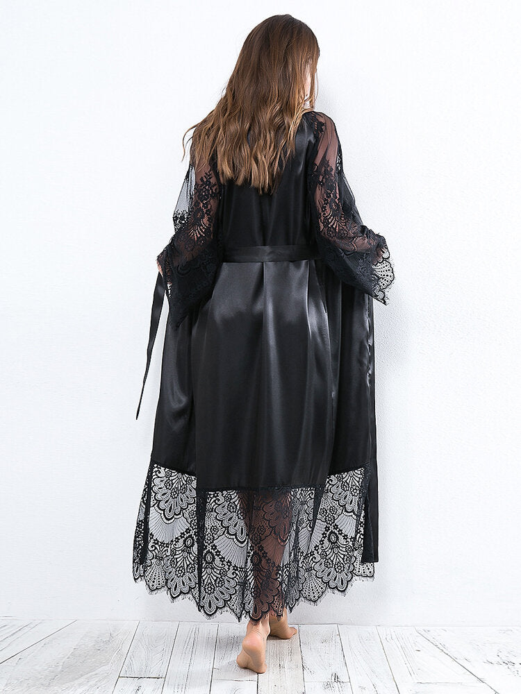 Silky Lace Patchwork Long Sleeve Maxi Nightgown with Belt Secondary image