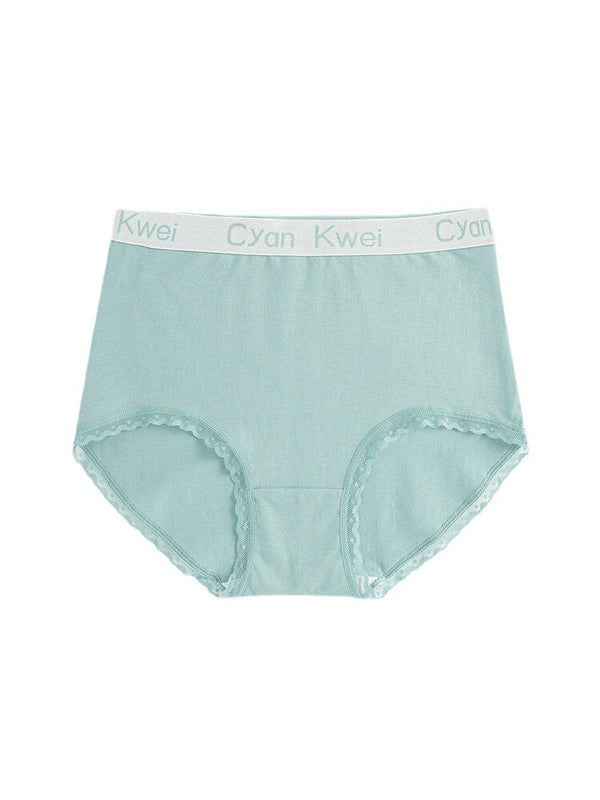 Women's Cotton Lace Trim Panties with Letter Waistband - Solid Color, Cozy Lining