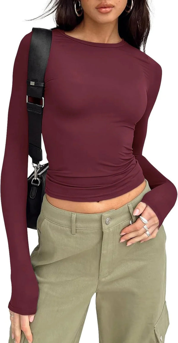 Womens Long Sleeve Shirts Basic Crop Tops Tight Slim Fit Cute Teen Girls Fall Winter Clothes