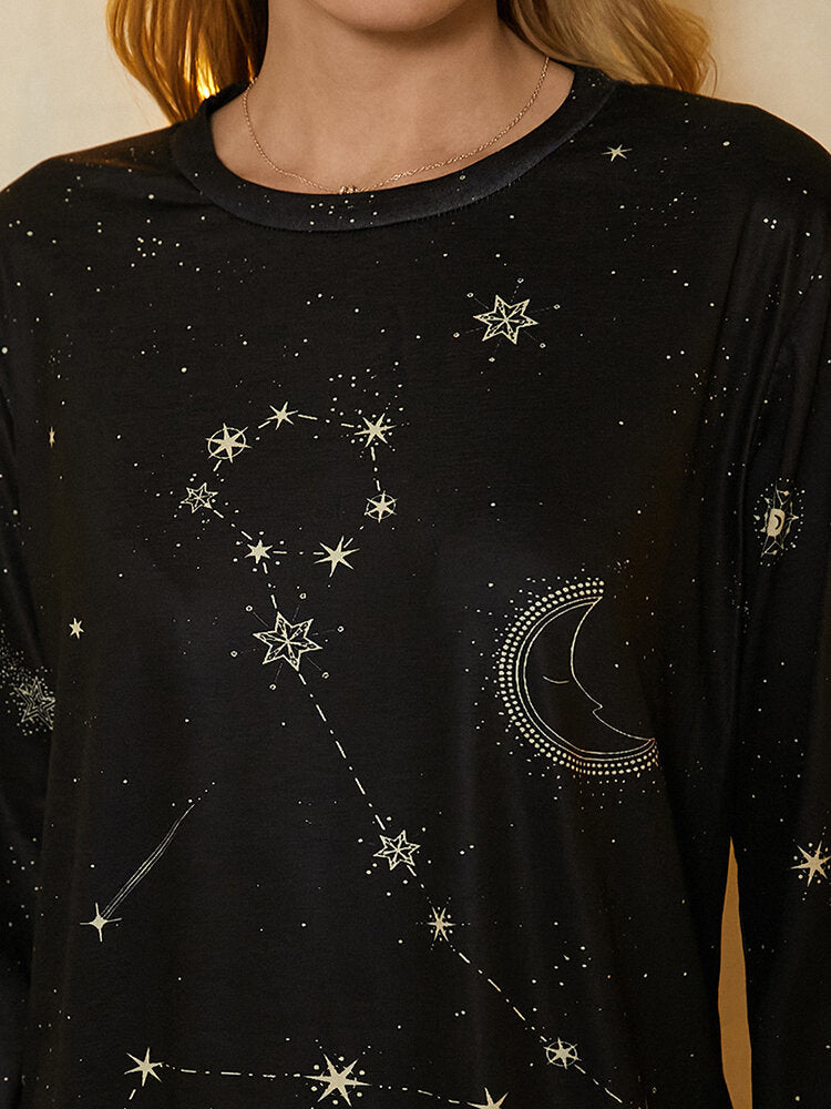 Women Pisces Print Stars Moon O-neck Long Sleeve Casual T-Shirt Secondary image
